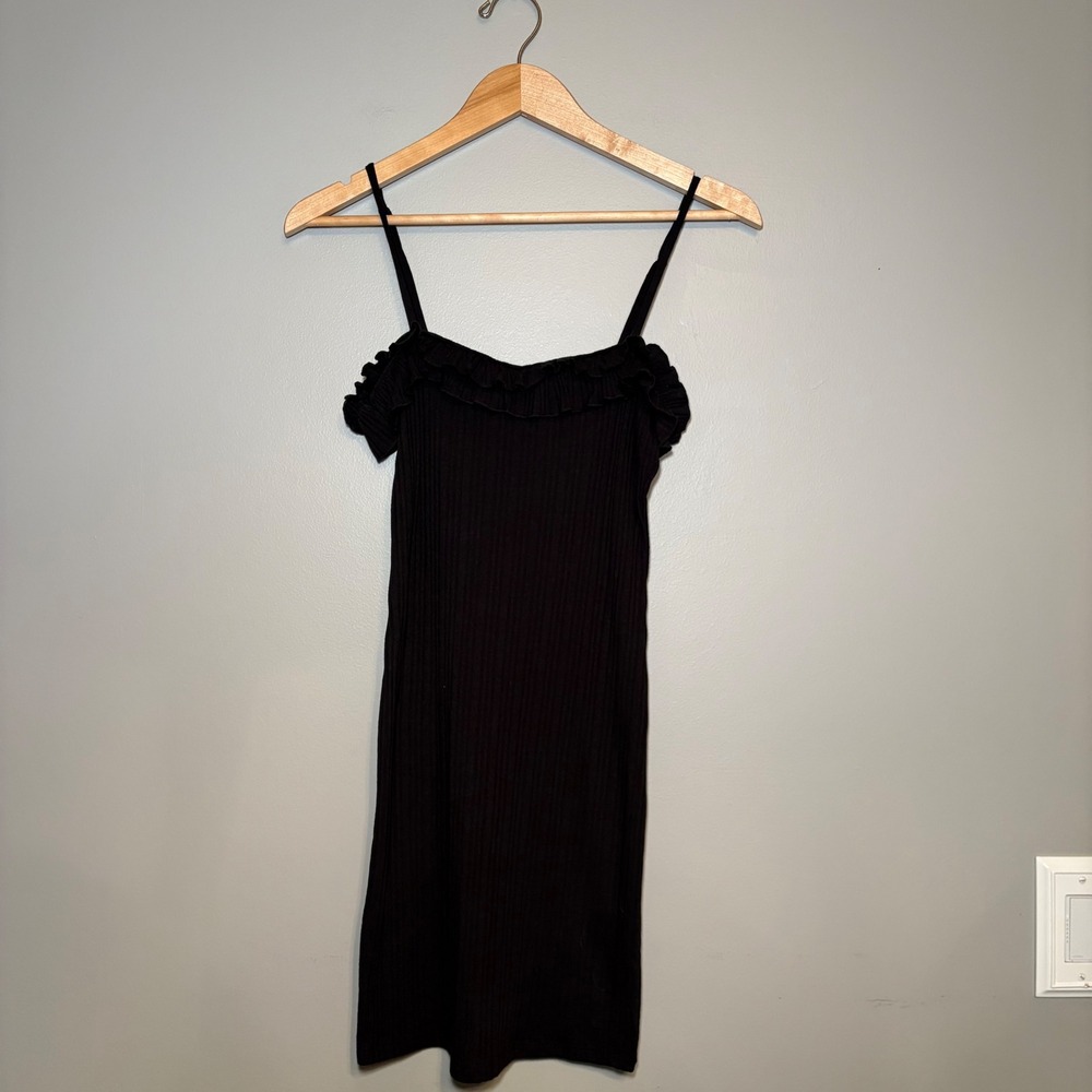 ASOS Womens Black Ribbed‎ Ruffle Neck Bodycon Mini Dress Size 2 07941087